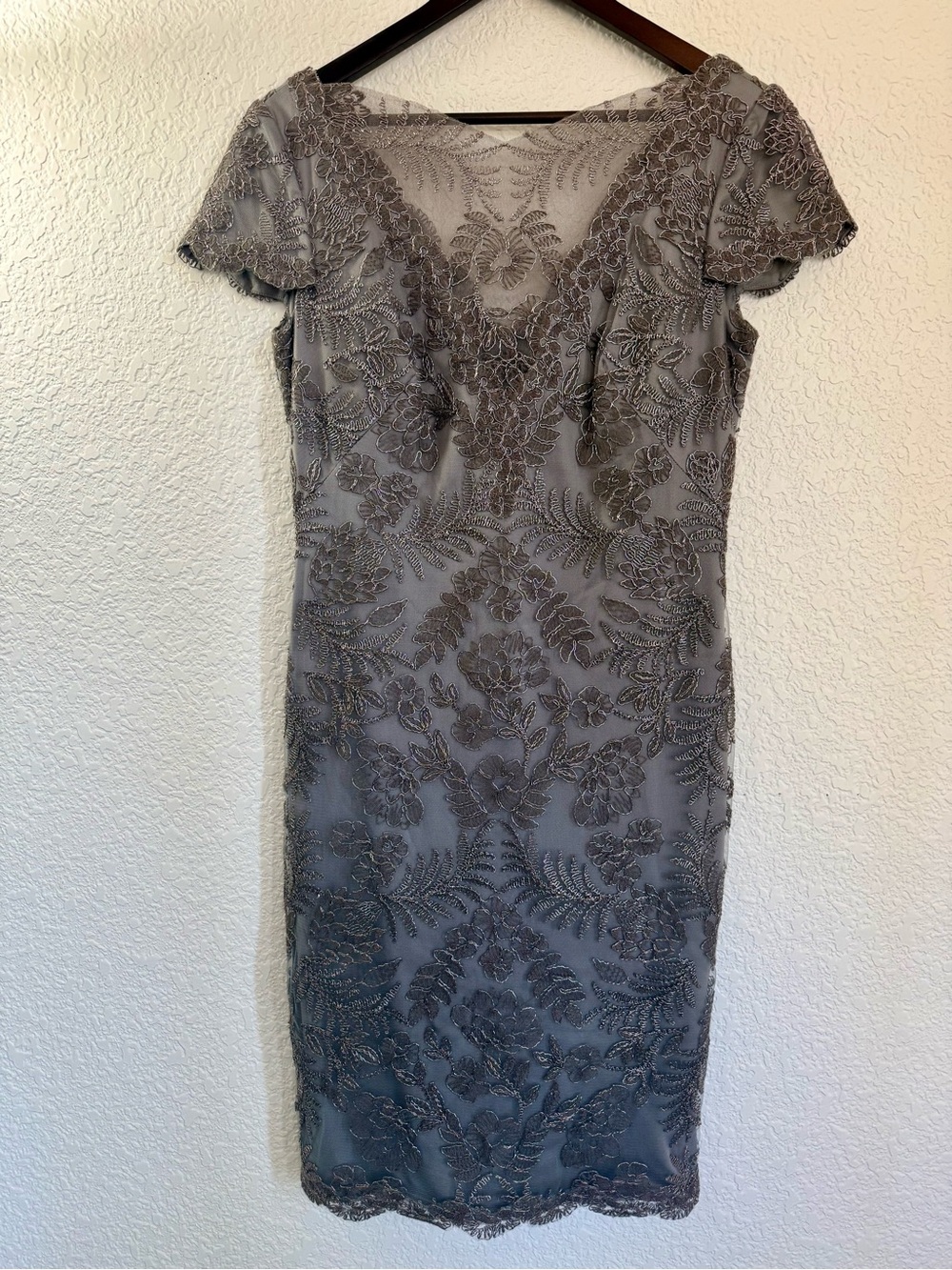 Tadashi Shoji Pemba Lace Sheath Dress | Metallic Smoke Embroidered Illusion Dres - Picture 2 of 13